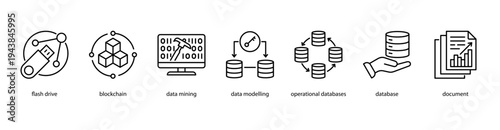 Digital Infrastructure web banner icon vector illustration featuring Flash Drive, Blockchain, Data Mining, Data Modelling, Operational Databases, Database, and Document.