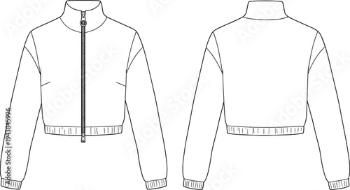 High neck cropped jacket flat sketch, fashion cad vector, technical drawing, front and back view, zipper closure, design illustration