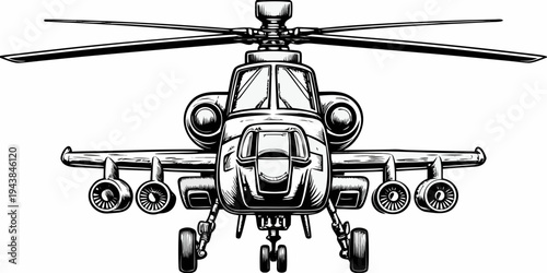 Military Attack Helicopter Gunship Front View Line Art Illustration