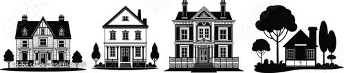 Vintage and modern house silhouettes collection, residential homes with trees vector set, classic architecture building illustration icons