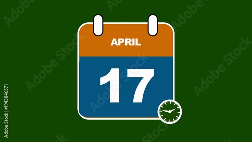 Calendar Icon Displaying April 17th with a Clock Element on a Green Backdrop seventeenth date