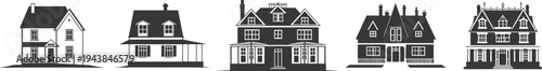 Victorian house silhouettes collection, vintage mansion and classic residential homes vector illustration set isolated architecture icons
