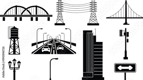 Urban infrastructure silhouettes set, bridges power lines road highway buildings street lights city elements vector illustration collection