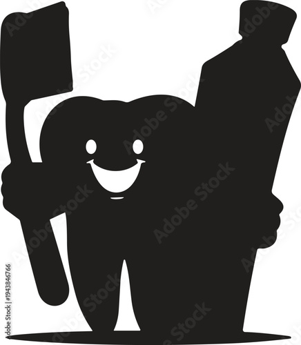 Tooth character with toothbrush and toothpaste silhouette illustration, dental hygiene mascot concept for oral care, dentist clinic symbol, healthy smile cartoon vector