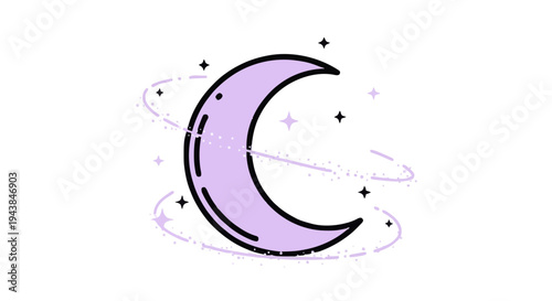 A serene and mystical purple crescent moon with orbiting sparkles, symbolizing magic, dreams, and the ethereal beauty of the night sky, perfect for graphic design elements