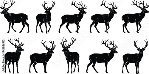 Collection of Ten Black Deer Silhouettes with Large Antlers, Various Poses of Male Buck Animals Isolated on Clean White Background