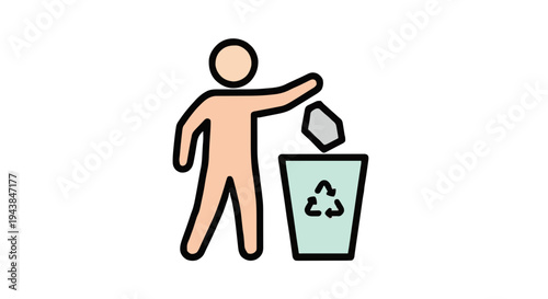Simple graphic icon depicting a person responsibly disposing of waste into a recycling bin, symbolizing environmental care, sustainability, and proper garbage management