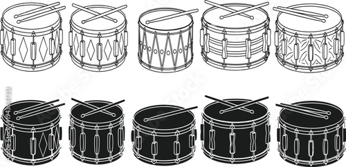 Collection of Ten Snare Drum Illustrations Featuring Detailed Line Art and Solid Black Silhouettes with Drumsticks for Music and Percussion