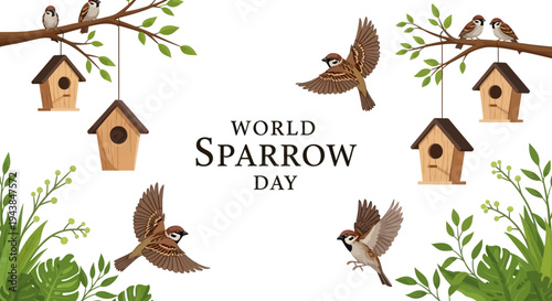 Illustration of house sparrows flying around birdhouses on a branch with green leaves for World Sparrow Day, promoting bird conservation and environmental awareness with a natural and