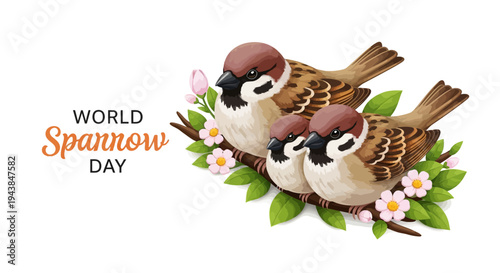 Illustration of three house sparrows perched on a branch with flowers and green leaves, celebrating World Sparrow Day with a conservation theme, promoting urban bird protection and