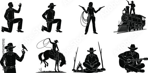 Collection of wild west silhouettes including cowboy riding horse, train robbery, campfire, and cowgirl with guns isolated on white background.