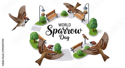 Vector illustration of house sparrows flying around a circular design with benches, trees, and streetlights for World Sparrow Day, promoting urban bird conservation and biodiversity