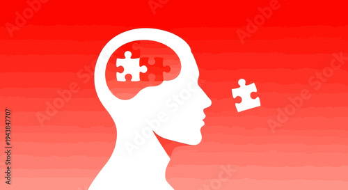 A white silhouette of a human head with a puzzle piece in the brain and another puzzle piece floating next to it on a red background with a white bottom