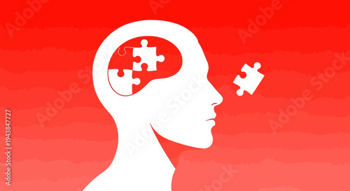 A white silhouette of a human head with puzzle pieces in the brain on a red background with wavy lines