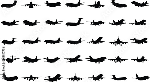Comprehensive Collection of Aircraft Silhouettes Featuring Commercial Airplanes Jet Liners and Military Planes Icons Isolated on a White Background Vector Graphic