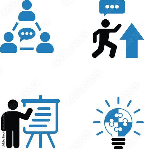 Business training and career growth icons set, team communication, professional presentation, leadership and creative solution symbols