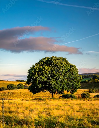 A tree in a vast field under a blue sky