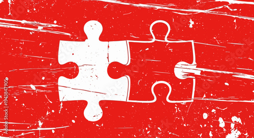 Two white puzzle pieces on a distressed red background with scratches