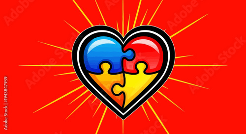 Autism awareness symbol with heart and puzzle pieces on red background