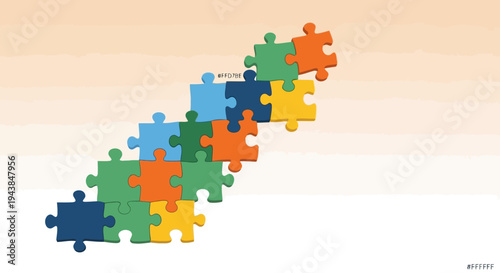Colorful puzzle pieces arranged in diagonal line on beige background