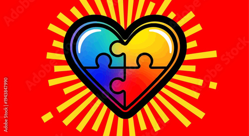 Colorful heart shaped puzzle piece logo with sunburst on red background symbolizing love and unity