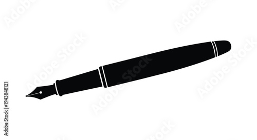A black and white silhouette of a classic fountain pen with detailed nib