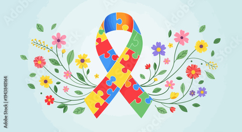 Colorful puzzle piece ribbon surrounded by flowers for autism awareness campaign on light blue background