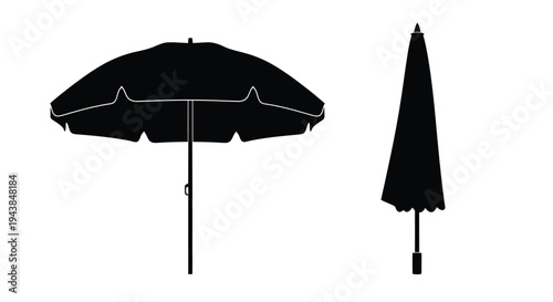 Black and white illustration of a beach umbrella and its stand