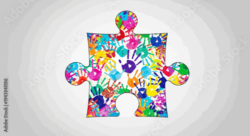 Colorful puzzle piece with handprint design on gray background