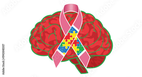 A vibrant pink awareness ribbon with a puzzle piece design superimposed over a detailed red brain illustration symbolizing autism and brain health
