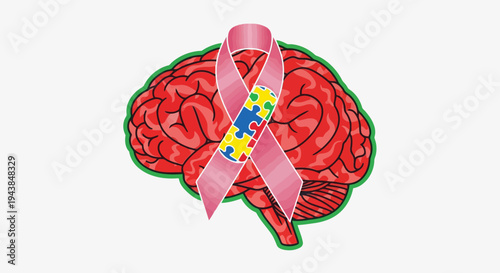 Brain with pink autism awareness ribbon on top for autism acceptance and support