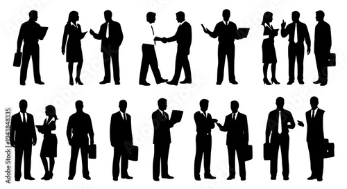 People business silhouettes with various poses and briefcases, communicating featuring office workers, professionals,