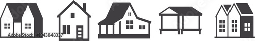 Simple house silhouettes collection, modern suburban home icons vector set isolated residential building architecture illustration