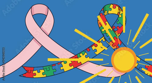 Autism awareness symbol with pink ribbon and colorful puzzle pieces on blue background