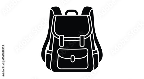 Simple black and white illustration of a classic school backpack