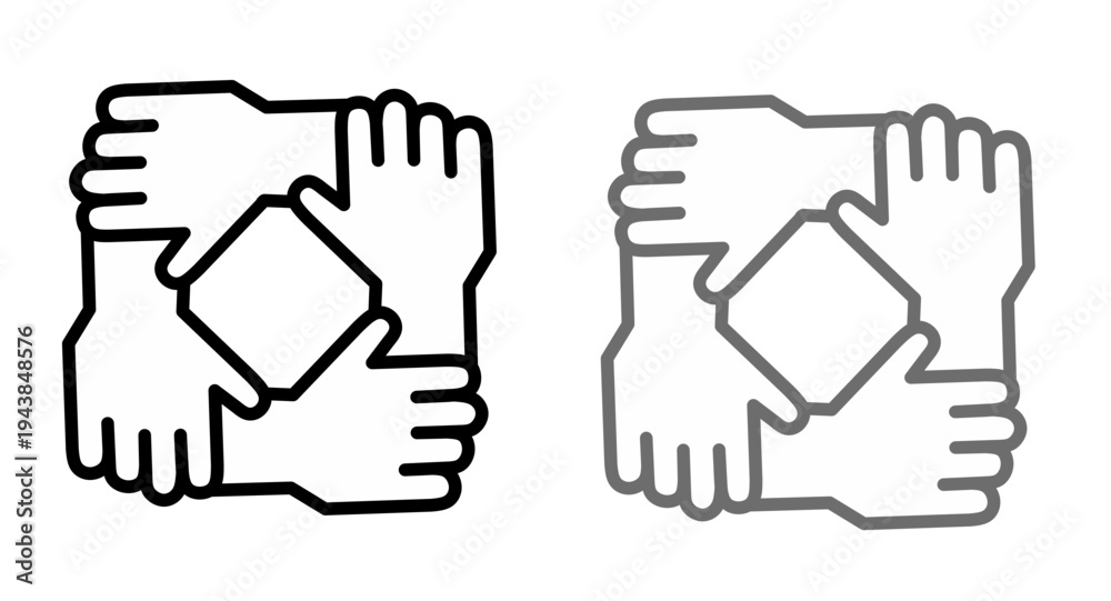 Fototapeta premium Vector icon featuring four interlocking hands forming a square, symbolizing teamwork, unity, collaboration, partnership, and strong community support. Vector illustration of teamwork icon set