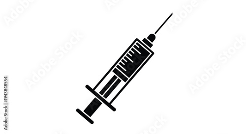 Simple black silhouette of a medical syringe on a white background