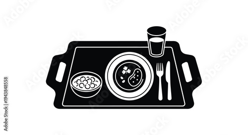 Black and white illustration of a breakfast tray with food and drink