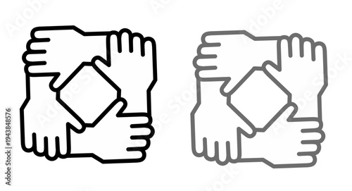 Vector icon featuring four interlocking hands forming a square, symbolizing teamwork, unity, collaboration, partnership, and strong community support. Vector illustration of teamwork icon set