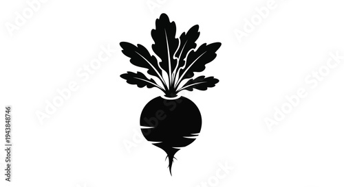 Simple black silhouette of a beetroot with leaves on a white background