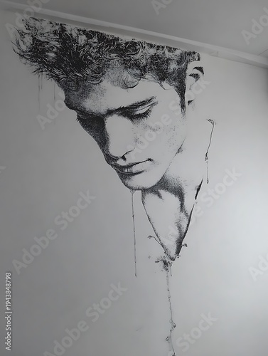Dramatic black and white sketch of a pensive face, expressive line art