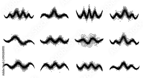 Waves hand drawn set with black curved grunge lines and dots on white background featuring wave patterns, wave designs,