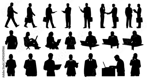 Businessmen silhouette set with various professional activities and poses in black. featuring businessman, office, work