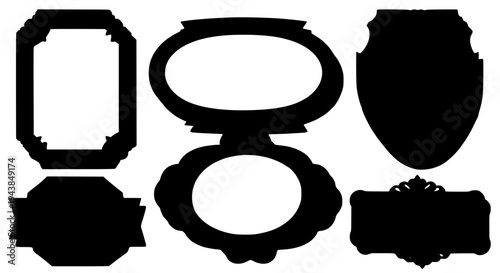 Shields medieval crest set with black silhouettes and ornate details for heraldry designs featuring graphic, resources,