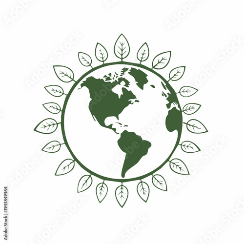 Vector illustration of a green Earth surrounded by leaves on a white background, symbolizing Earth Day and environmental conservation.