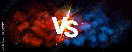 Dynamic versus background with blue and red smoke effect, fiery flare. Abstract vector vs banner with epic battle atmosphere and flash for sport competition and gaming posters