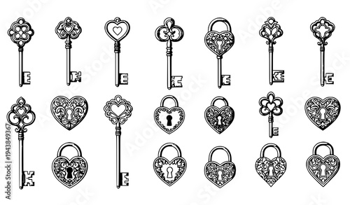 Vintage ornate key and heart padlock vector set with romantic antique lock illustrations