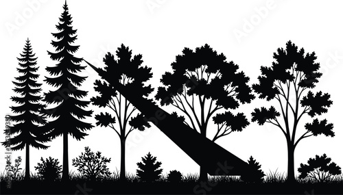 Deep forest silhouette with pine trees and deciduous foliage, botanical vector illustration of woodland nature, black white border for landscape,