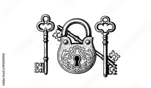 Antique padlock and skeleton key engraving vector vintage lock illustration