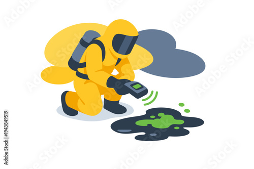 Hazmat worker in protective suit measuring toxic spill.